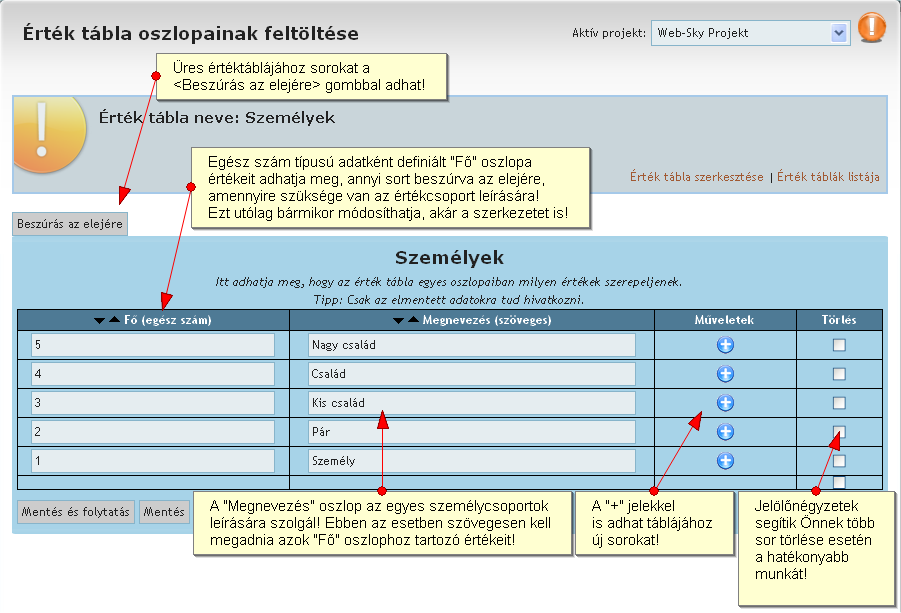 Értéktábla szerkesztése Értéktábla szerkesztése