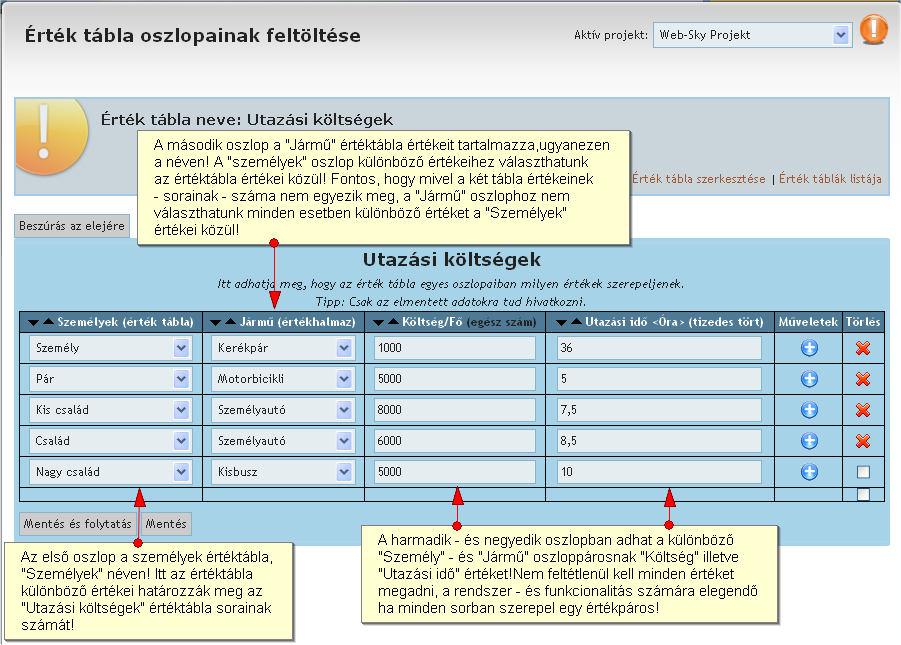 Értéktábla szerkesztése Értéktábla szerkesztése